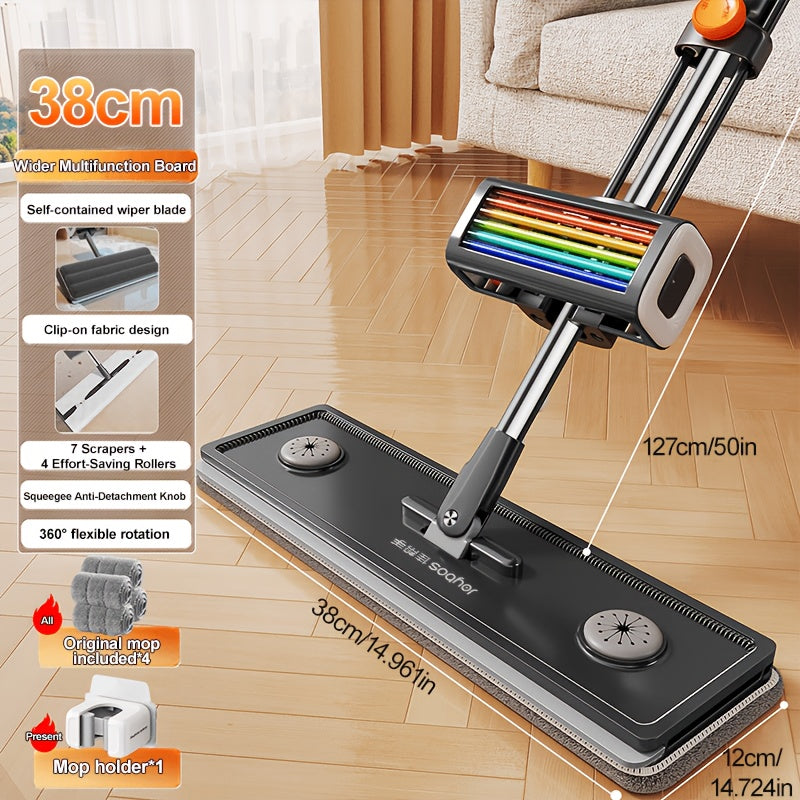 Mop and Bucket Set, Flat Mop for Floor Cleaning, Home Dry & Wet Mop with Washable Mop Pads, Efficiently Picks Up Pet Hair & Dust for Hardwood, Tile, Laminate & Vinyl, Patio