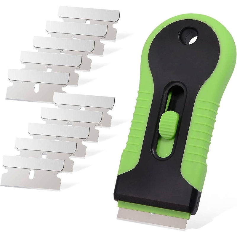 Heavy-Duty Plastic Blade Scraper with Interchangeable Blades & Storage Box - Adhesive Remover for Glass, Window, Walls, Floors - Multi-Surface Decal, Sticker, Gasket Remover with Ergonomic Handle & Blades - Safe on Delicate Surfaces (No S