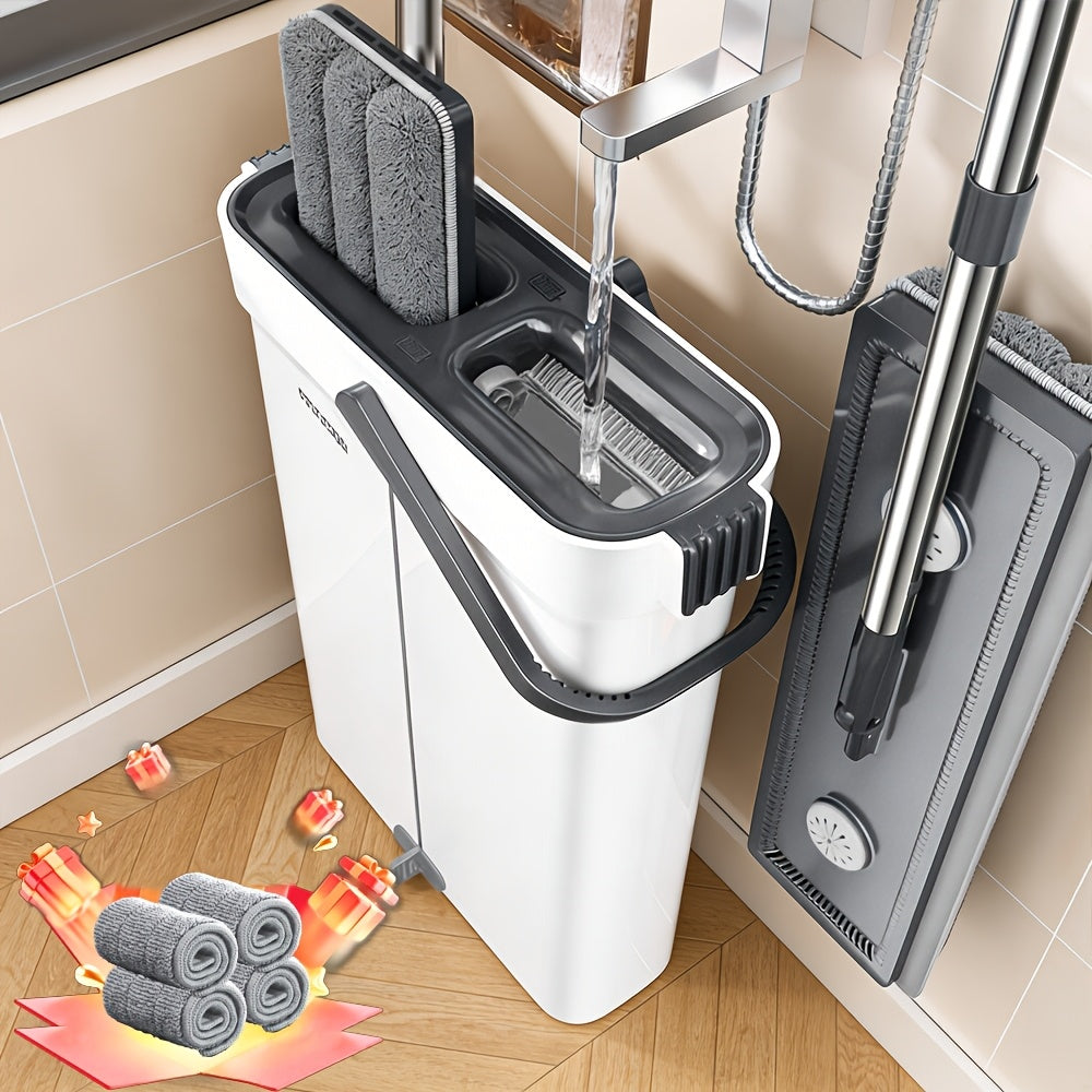 Mop And Bucket Cleaning Set, Floor Cleaning System, Hands-Free Household Dust Mop, Wet And Dry Separation Bucket, Includes Washable And Reusable Mop Cloth, Suitable for Living Room, Bedroom, Bathroom, Floor, Cleaning Tools, Cleaning Supplies