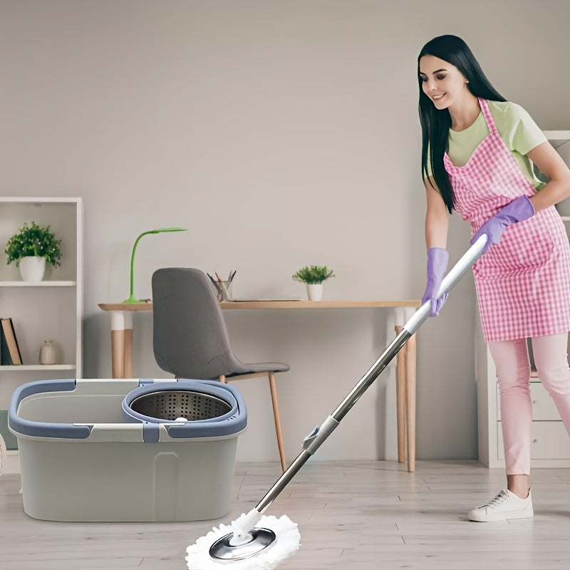 1 Set Double Handle Spin Mop And Bucket with 2 Replacement Pads, 43.3 Inch Long Stainless Steel Spin Pole, Lazy Mop Bucket with Wheels for Cleaning Kitchen, Bathroom, Living Room And Party Floors