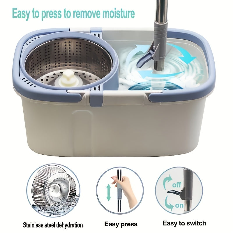 1 Set Double Handle Spin Mop And Bucket with 2 Replacement Pads, 43.3 Inch Long Stainless Steel Spin Pole, Lazy Mop Bucket with Wheels for Cleaning Kitchen, Bathroom, Living Room And Party Floors