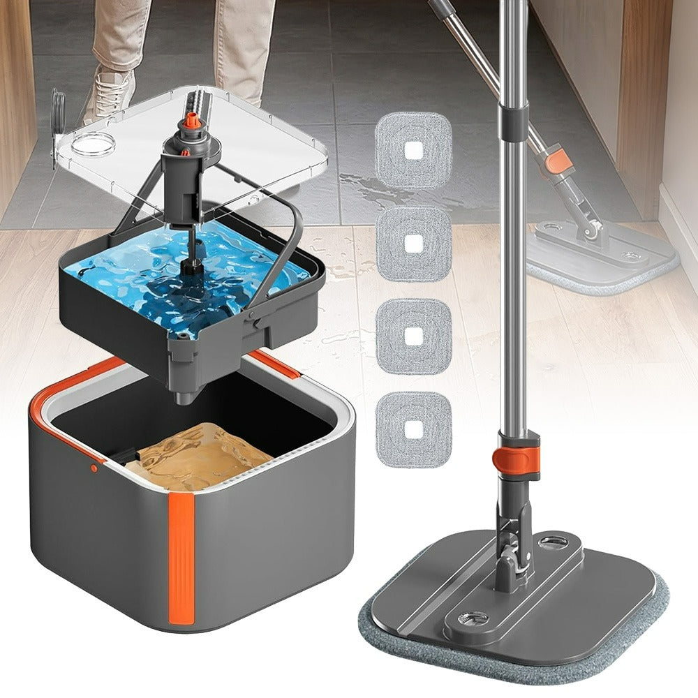 Saker Enhanced Spin Mop And Bucket Kit, 360° Collapsible Square Mop Head Featuring Washable Microfiber Mop Pads, Distinct Clean And Dirty Water System, Removable Bucket for Household Floor Cleaning