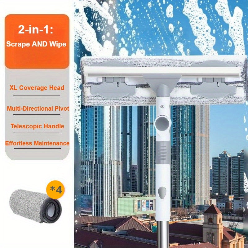 5pcs set 2-in-1 Glass Cleaner & Scraper Kit with 4 Replacement Pads - Stainless Steel & Plastic Squeegee for Windows, Shower Tiles, Bathroom, Wall and Floor Cleaning (Streak-Free)