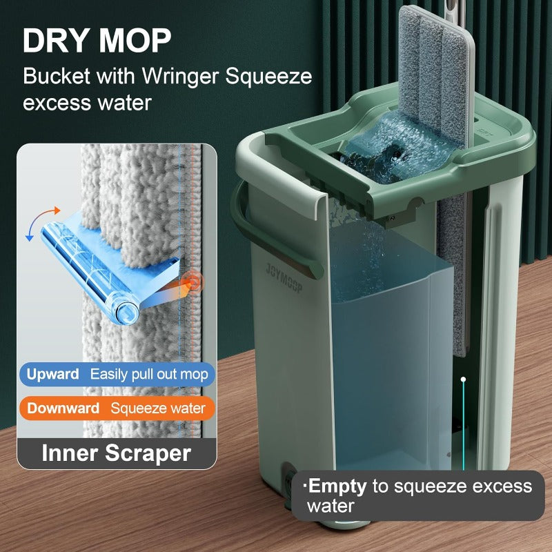 2.11gal Large Capacity Flat Mop System | Light Green with Extension Handle, Ideal for Floor, Window, and Wall Cleaning - Includes 3 Washable Microfiber Pads for Wet and Dry Use, Suitable for Living Room