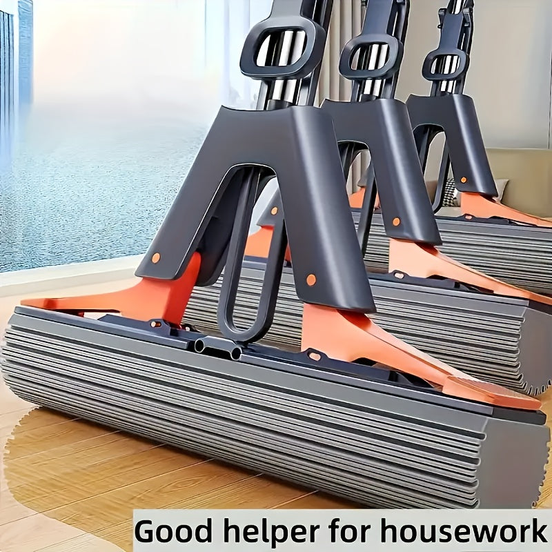Super Absorbent Sponge Mop Set, Includes 2 Replacement Heads, Double-Folding Squeeze Mop Design, Durable Sponge Material, Widths of 11.0 inch \u002F 13.0 inch, Hands-Free Operation, Suitable for Kitchen, Bathroom, And Living Room Floors