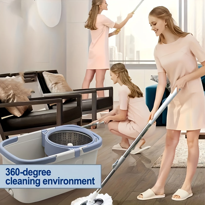 1 Set Double Handle Spin Mop And Bucket with 2 Replacement Pads, 43.3 Inch Long Stainless Steel Spin Pole, Lazy Mop Bucket with Wheels for Cleaning Kitchen, Bathroom, Living Room And Party Floors