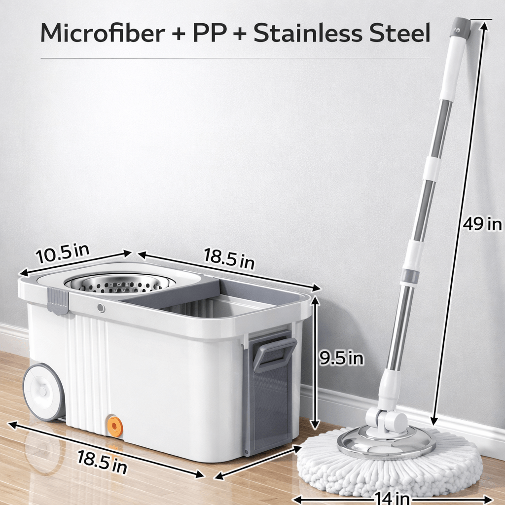 Dual Drive Spin Mop Bucket Set with 4 Microfiber Heads, Stainless Steel Wringer, Easy Clean Wet & Dry Floor Mop System