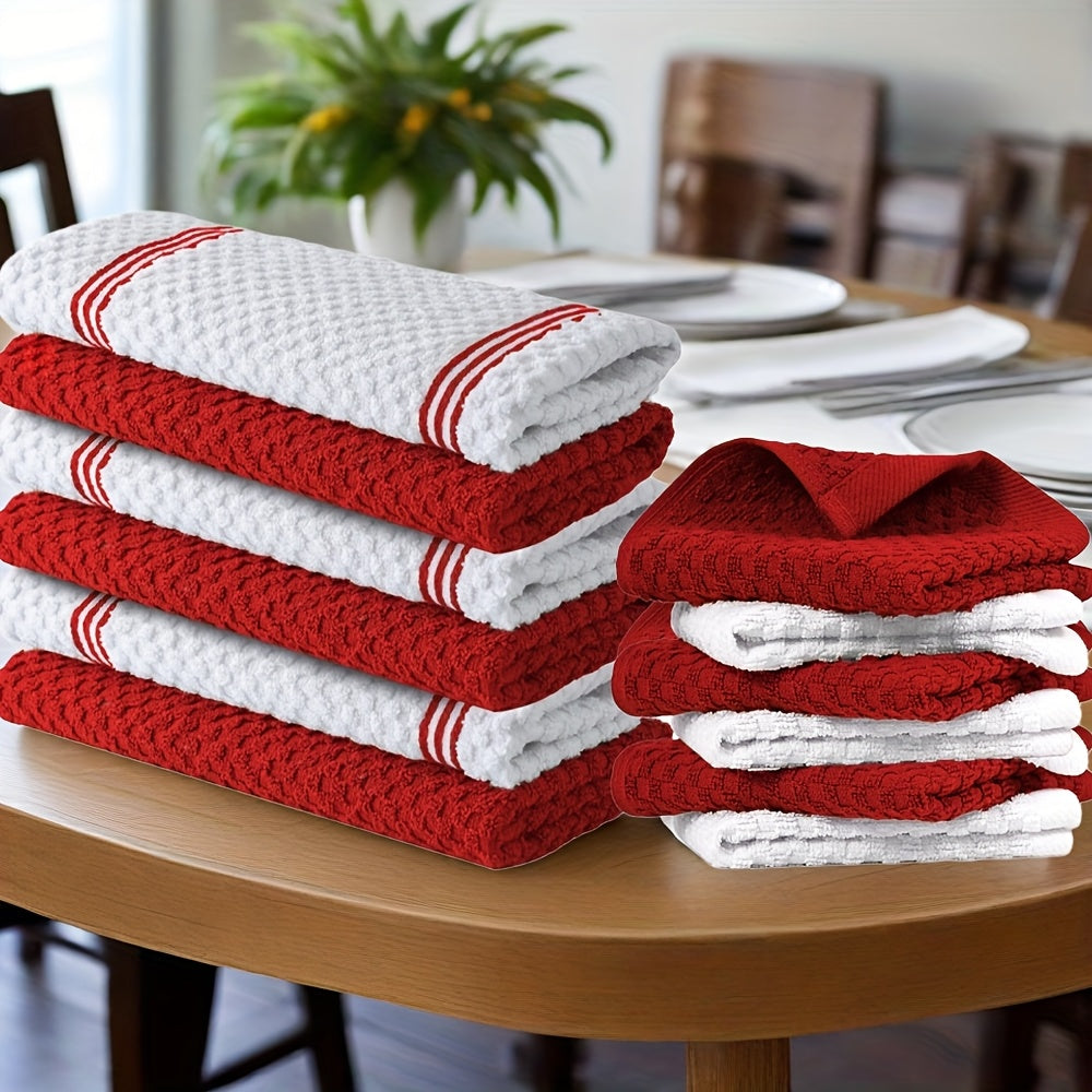 12pcs 100% Kitchen Towel Set | 6 Hand Towels (15 'X 25'), 6 Dishtowels (12 'X 12') - Striped, Water-absorbing and Durable for Cooking, Cleaning and Drying - Perfect for Christmas and Holiday Kitchens
