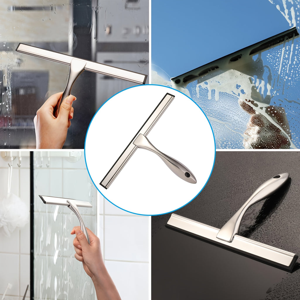 3pcs shower rubber putty for glass doors, stainless steel shower glass scraper with shower door hook and adhesive hook, multi-purpose bathroom glass scraper for glass, doors, mirrors, and windows (Silvery)