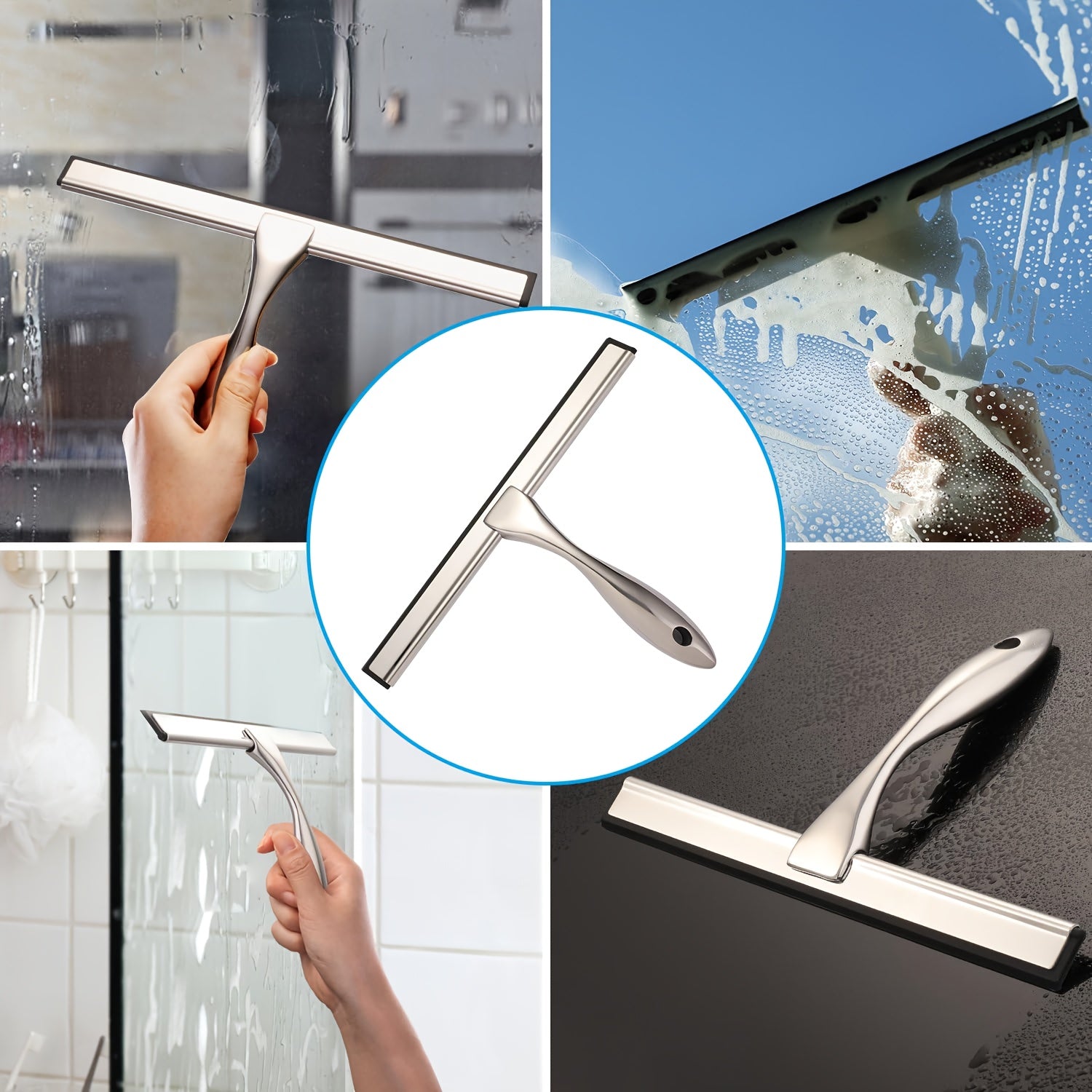 3pcs shower rubber putty for glass doors, stainless steel shower glass scraper with shower door hook and adhesive hook, multi-purpose bathroom glass scraper for glass, doors, mirrors, and windows (Silvery)
