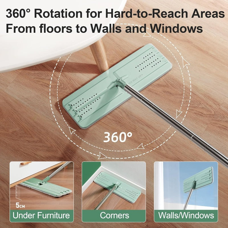 2.11gal Large Capacity Flat Mop System | Light Green with Extension Handle, Ideal for Floor, Window, and Wall Cleaning - Includes 3 Washable Microfiber Pads for Wet and Dry Use, Suitable for Living Room