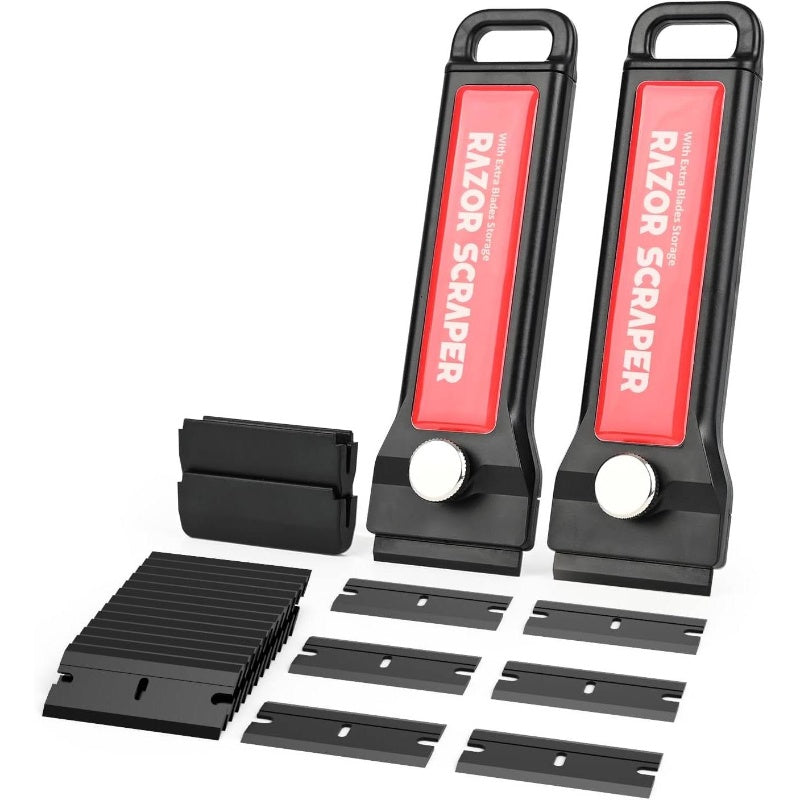 Heavy-Duty Plastic Blade Scraper with Interchangeable Blades & Storage Box - Adhesive Remover for Glass, Window, Walls, Floors - Multi-Surface Decal, Sticker, Gasket Remover with Ergonomic Handle & Blades - Safe on Delicate Surfaces (No S
