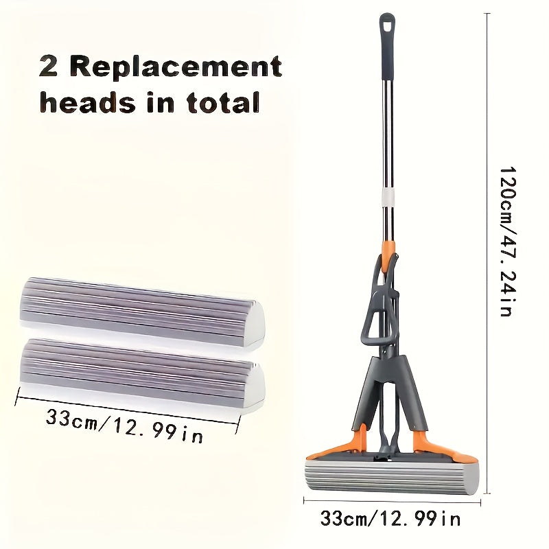 Super Absorbent Sponge Mop Set, Includes 2 Replacement Heads, Double-Folding Squeeze Mop Design, Durable Sponge Material, Widths of 11.0 inch \u002F 13.0 inch, Hands-Free Operation, Suitable for Kitchen, Bathroom, And Living Room Floors