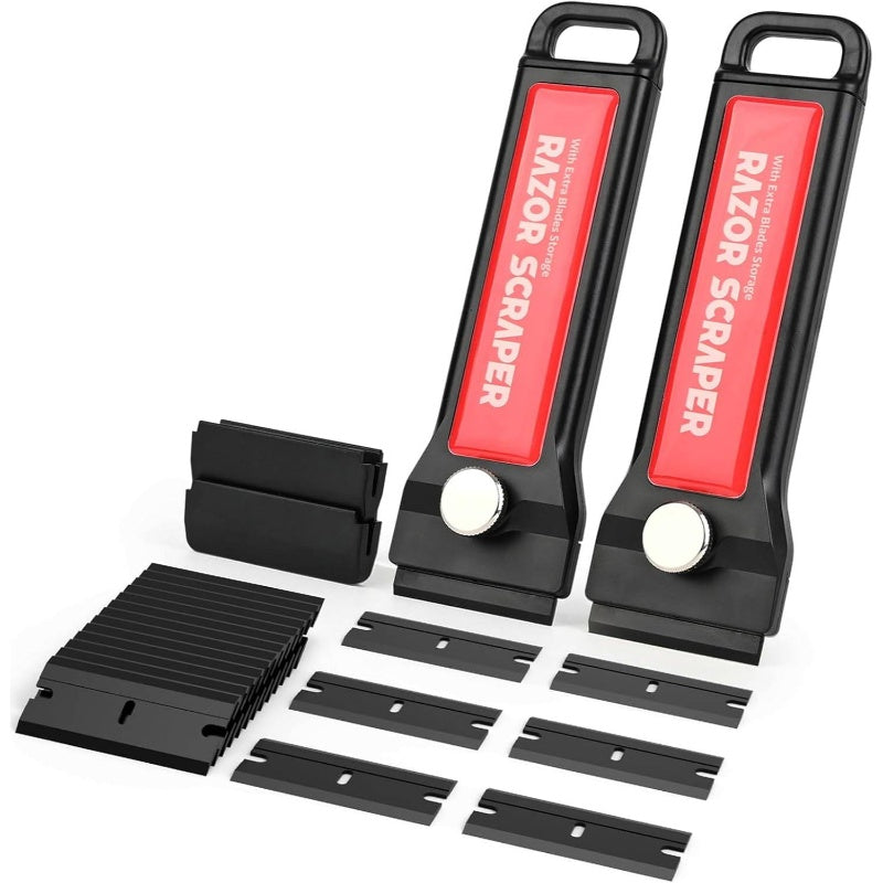 Heavy-Duty Plastic Blade Scraper with Interchangeable Blades & Storage Box - Adhesive Remover for Glass, Window, Walls, Floors - Multi-Surface Decal, Sticker, Gasket Remover with Ergonomic Handle & Blades - Safe on Delicate Surfaces (No S