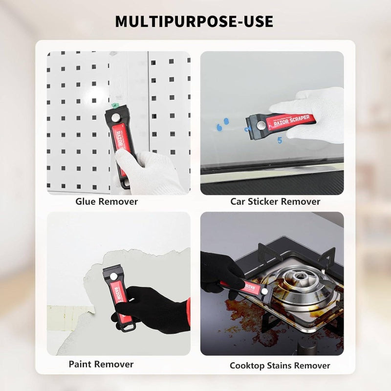 Heavy-Duty Plastic Blade Scraper with Interchangeable Blades & Storage Box - Adhesive Remover for Glass, Window, Walls, Floors - Multi-Surface Decal, Sticker, Gasket Remover with Ergonomic Handle & Blades - Safe on Delicate Surfaces (No S