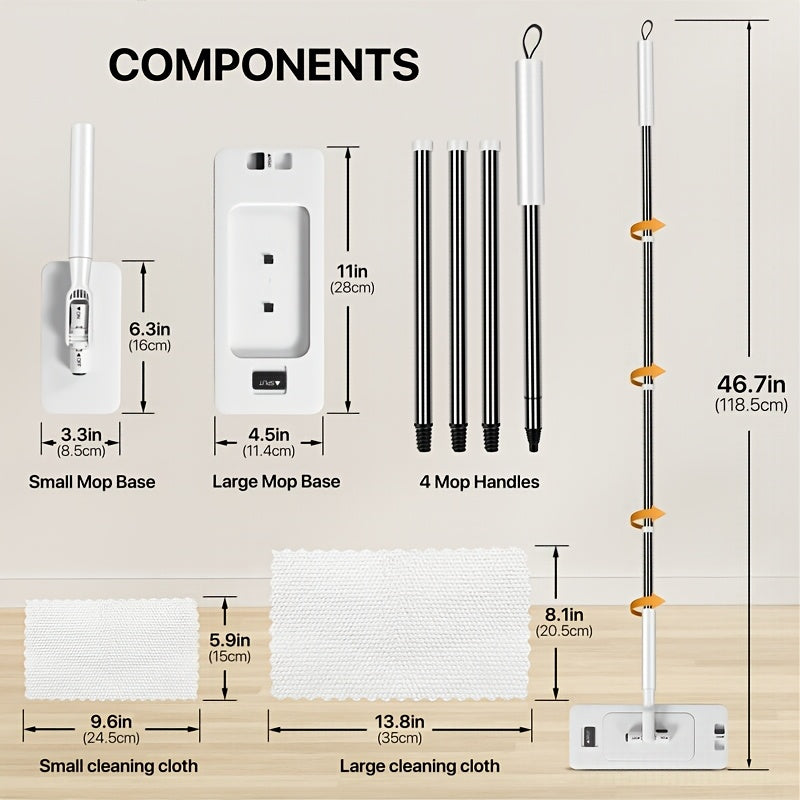Hands-Free Flat Floor Mop & Sweeper - Foot-Tap Lock System Compatible with Most Pads - 360 Swivel & Adjustable Handle - Includes Baking Soda Wet Wipes & 3D Microfiber Cloth