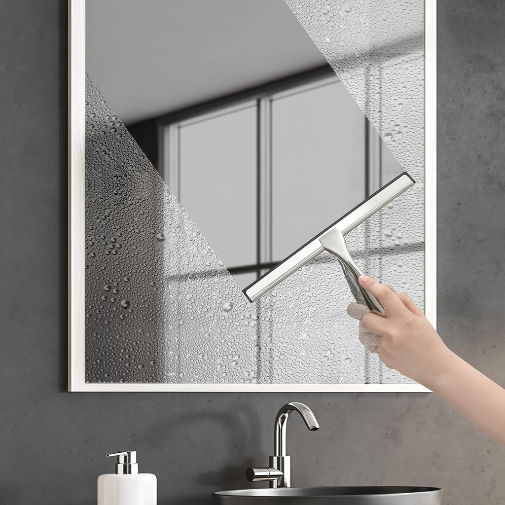 3pcs shower rubber putty for glass doors, stainless steel shower glass scraper with shower door hook and adhesive hook, multi-purpose bathroom glass scraper for glass, doors, mirrors, and windows (Silvery)