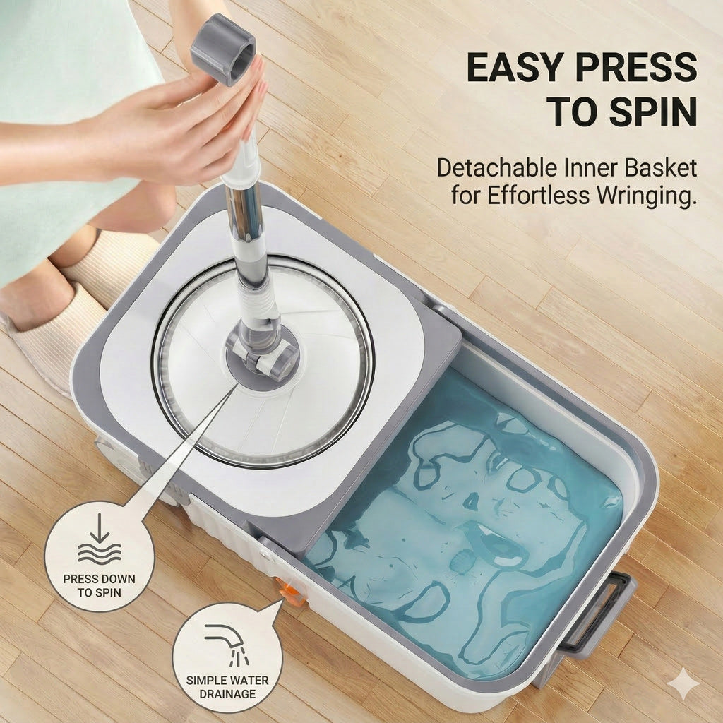 Dual Drive Spin Mop Bucket Set with 4 Microfiber Heads, Stainless Steel Wringer, Easy Clean Wet & Dry Floor Mop System