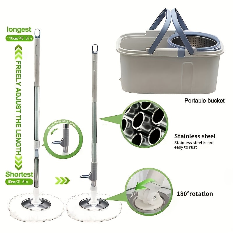 1 Set Double Handle Spin Mop And Bucket with 2 Replacement Pads, 43.3 Inch Long Stainless Steel Spin Pole, Lazy Mop Bucket with Wheels for Cleaning Kitchen, Bathroom, Living Room And Party Floors