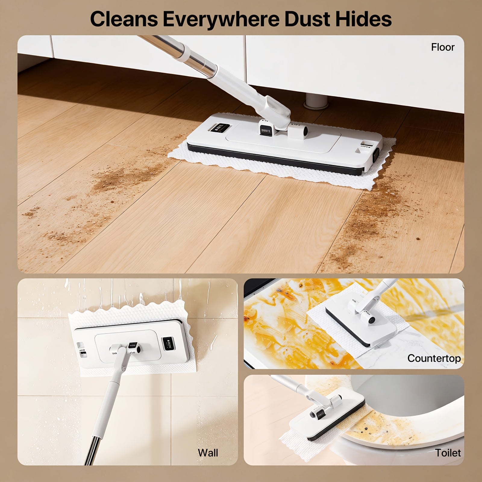 Hands-Free Flat Floor Mop & Sweeper - Foot-Tap Lock System Compatible with Most Pads - 360 Swivel & Adjustable Handle - Includes Baking Soda Wet Wipes & 3D Microfiber Cloth