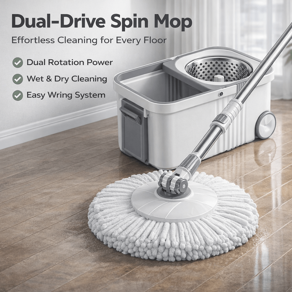 Dual Drive Spin Mop Bucket Set with 4 Microfiber Heads, Stainless Steel Wringer, Easy Clean Wet & Dry Floor Mop System