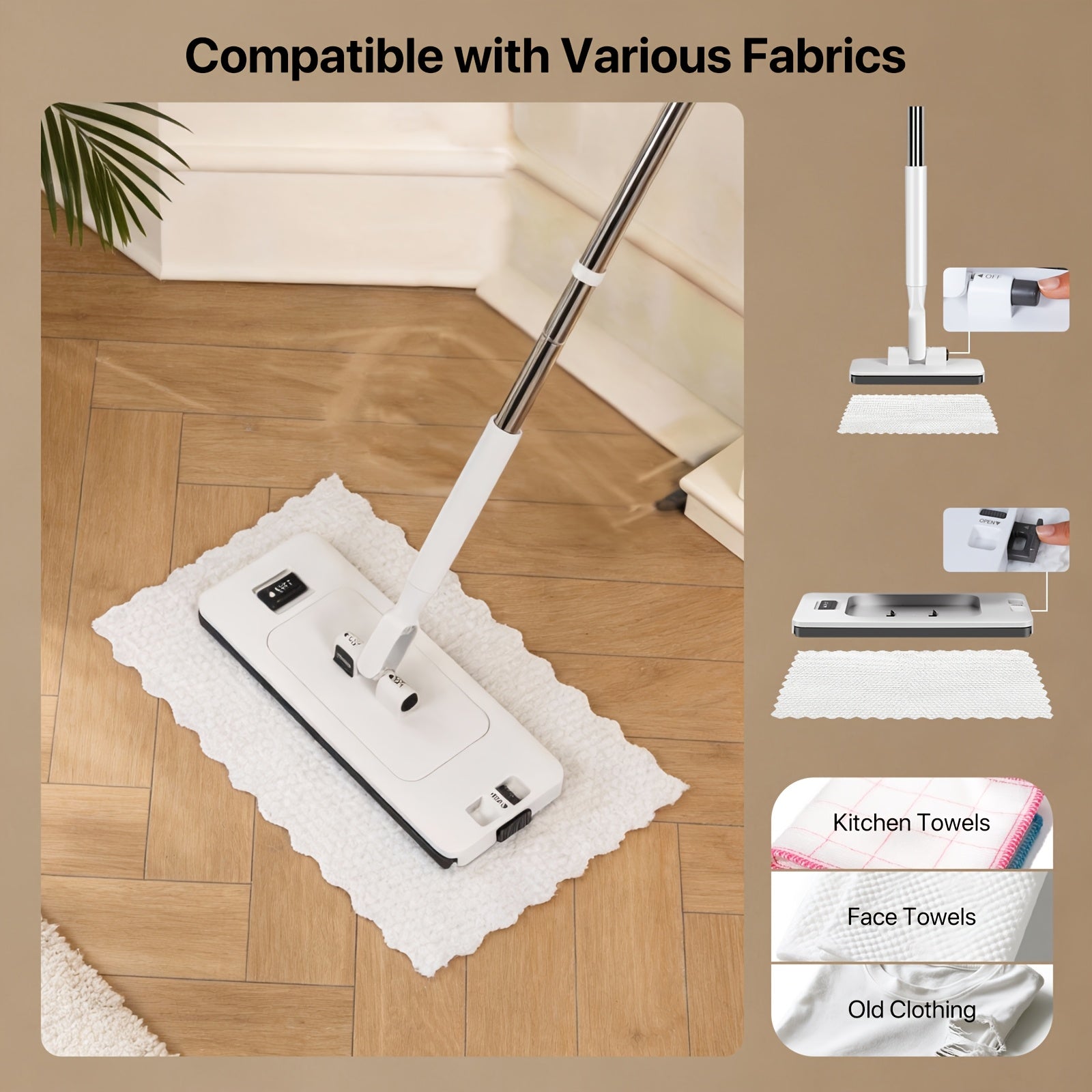 Hands-Free Flat Floor Mop & Sweeper - Foot-Tap Lock System Compatible with Most Pads - 360 Swivel & Adjustable Handle - Includes Baking Soda Wet Wipes & 3D Microfiber Cloth
