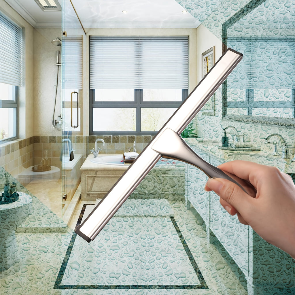 3pcs shower rubber putty for glass doors, stainless steel shower glass scraper with shower door hook and adhesive hook, multi-purpose bathroom glass scraper for glass, doors, mirrors, and windows (Silvery)