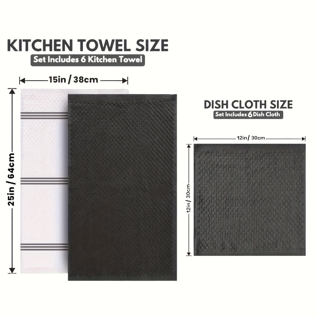 12pcs 100% Kitchen Towel Set | 6 Hand Towels (15 'X 25'), 6 Dishtowels (12 'X 12') - Striped, Water-absorbing and Durable for Cooking, Cleaning and Drying - Perfect for Christmas and Holiday Kitchens