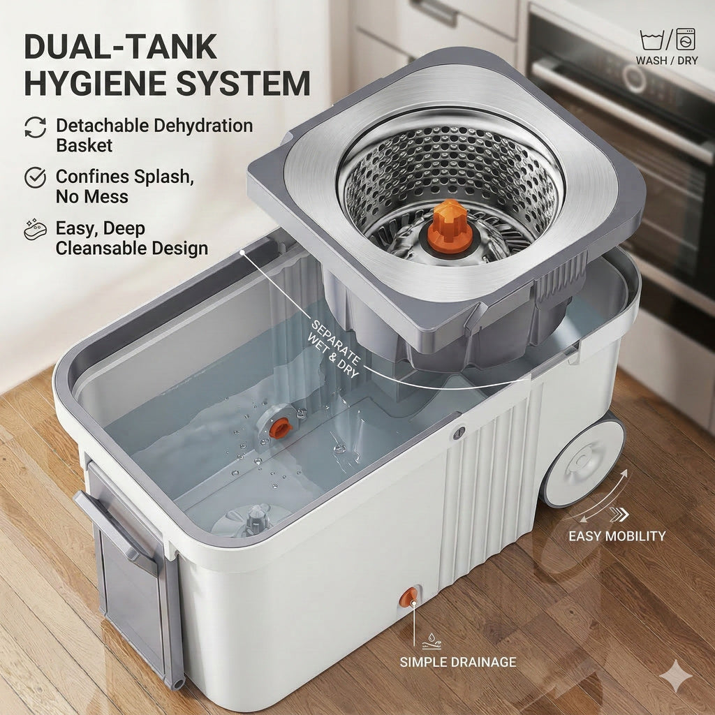Dual Drive Spin Mop Bucket Set with 4 Microfiber Heads, Stainless Steel Wringer, Easy Clean Wet & Dry Floor Mop System