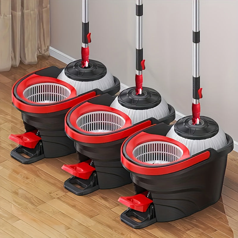 3pcs Heavy Duty Spin Mop Set with Extendable Handle And Bucket - Manual Pressurized Dual Drive Floor Mop, Hands-Free Cleaning Mop, Ergonomic Handle, Durable Construction for Home, Kitchen, Bathroom, Living Room - Ideal for Hardwood, Tile