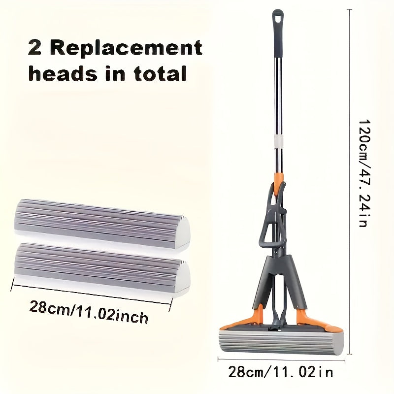 Super Absorbent Sponge Mop Set, Includes 2 Replacement Heads, Double-Folding Squeeze Mop Design, Durable Sponge Material, Widths of 11.0 inch \u002F 13.0 inch, Hands-Free Operation, Suitable for Kitchen, Bathroom, And Living Room Floors
