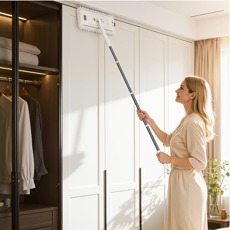 Hands-Free Flat Floor Mop & Sweeper - Foot-Tap Lock System Compatible with Most Pads - 360 Swivel & Adjustable Handle - Includes Baking Soda Wet Wipes & 3D Microfiber Cloth