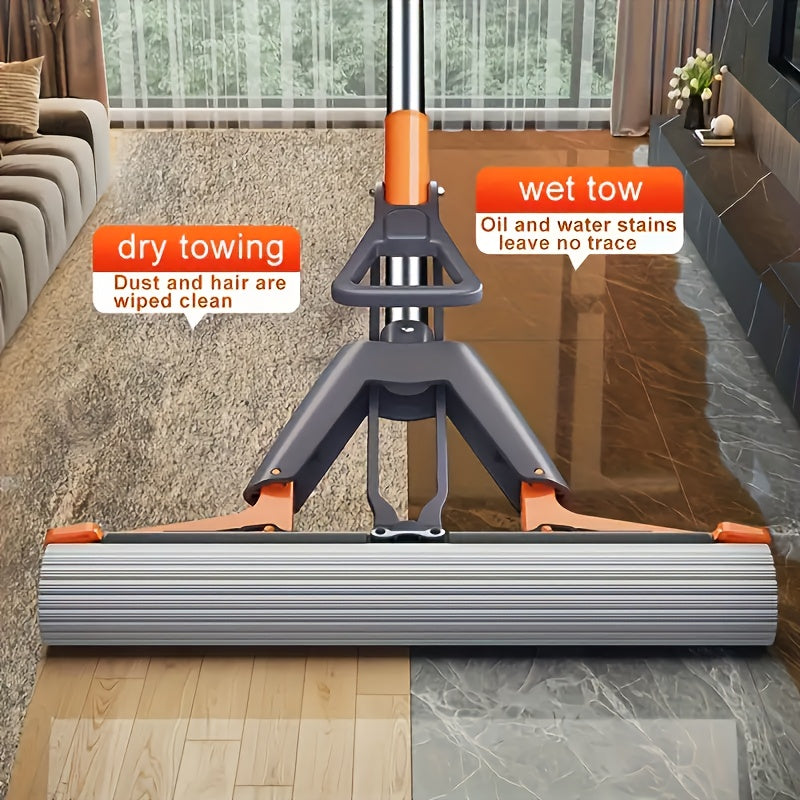 Super Absorbent Sponge Mop Set, Includes 2 Replacement Heads, Double-Folding Squeeze Mop Design, Durable Sponge Material, Widths of 11.0 inch \u002F 13.0 inch, Hands-Free Operation, Suitable for Kitchen, Bathroom, And Living Room Floors