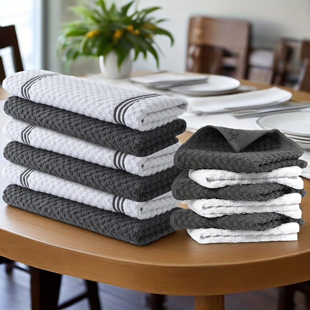12pcs 100% Kitchen Towel Set | 6 Hand Towels (15 'X 25'), 6 Dishtowels (12 'X 12') - Striped, Water-absorbing and Durable for Cooking, Cleaning and Drying - Perfect for Christmas and Holiday Kitchens