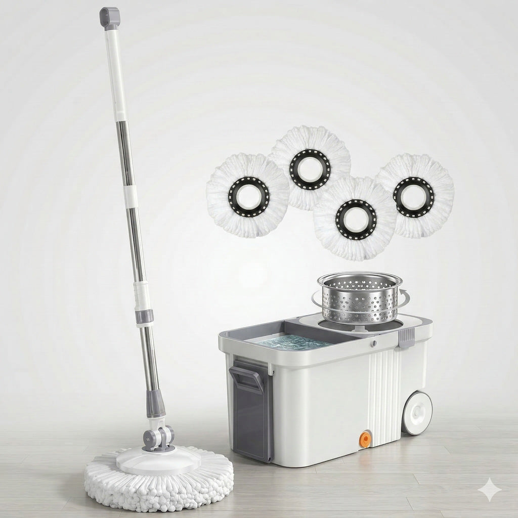 Dual Drive Spin Mop Bucket Set with 4 Microfiber Heads, Stainless Steel Wringer, Easy Clean Wet & Dry Floor Mop System